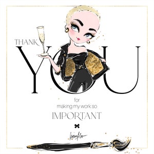 K&ouml;nnte beinhalten: Eine Cartoon-Illustration einer Frau in einer schwarzen Lederjacke und Hose mit goldenen Glitzerakzenten. Sie h&auml;lt ein Glas Champagner in der Hand und der Text "THANK YOU for making my work so IMPORTANT" steht unter ihr.