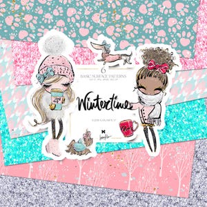 May include: A collection of winter-themed stickers and patterned papers. The stickers feature illustrations of girls in winter attire, a dachshund, and a Yorkie. The text "Wintertime" is displayed on a white card. The background includes pink, blue, and silver glitter patterns.