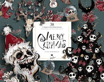 Gothic Christmas Clipart, KaramfilaS Spooky Halloween Xmas Creepy Tree Santa Skull Planner Stickers Clip Arts Print on Demand Illustrations