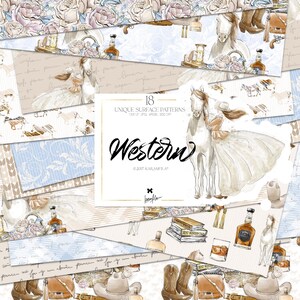 Landhausstil Hochzeit Digitales Papier KaramfilaS Western Pferd Pistolen Cowgirl Nahtlose Oberflächenmuster Sammelalbum Sublimation Stoffdruck