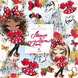 Clipart de niña con orejas de ratón, pegatinas de planificador con lunares rojos del castillo de hadas de KaramfilaS, ratón icónico, impresión bajo demanda, sublimación PNG