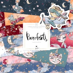 Paquete de papel digital con diseño de gatitos KaramfilaS: gatos, aviadores, astronautas, sirenas, unicornios, princesas, bailarinas, sublimación, patrones de tela con purpurina.
