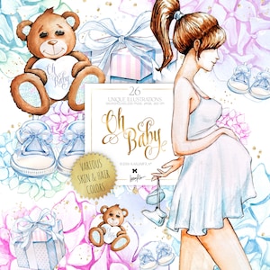 Clipart baby shower, Karamfila S, planificateur de grossesse, autocollants Illustrations, future maman ours en peluche aquarelle, hortensia, impression par sublimation POD PNG