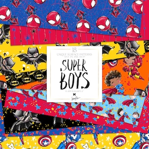 Superhero Kids Digital Paper Pack KaramfilaS Super Heroes Planner Stickers Cute Baby Boys Cartoon Characters Fabric Sublimation Design Print