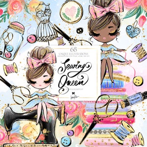 Nähen Clipart, KaramfilaS Vintage Nähmaschine Schneider Planner Sticker Stoffe Schere Pins Clip Arts Print on Demand Illustrationen