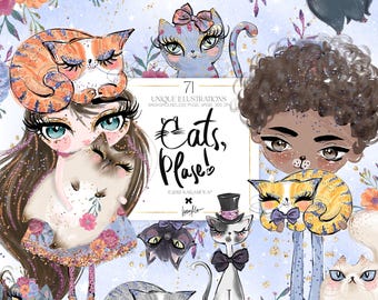 May include: A digital illustration set of 71 unique cat illustrations with a blue, white, and pink background. The illustrations feature cats with different expressions and poses, including a cat wearing a top hat and bow tie, a cat wearing a bow, and a cat wearing a blue shirt. The text "Cats, Please!" is written in a pink and white font. The text "Unique Illustrations" is written in a black font. The text "Backgrounds" is written in a gray font. The text "PNG, 300 DPI" is written in a gray font. The text "© 2018 KaraMifila*" is written in a black font.