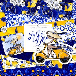 Modelli di viaggio in Italia Karamfila Amalfi Limoni Piastrelle italiane Confezione di carta digitale Scooter Moda estiva Ragazza Tessuto Stampa senza cuciture a sublimazione