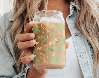 16oz Bayou Princess Inspired Libbey Glass with Glass Straw & Bamboo Lid | Magical Princess Iced Coffee Cup | Frog Prince Inspired Glassware