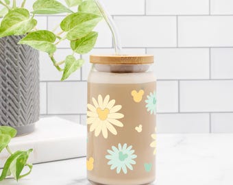 Daisy Bloom Libbey Glass with Bamboo Lid & Straw