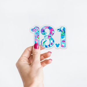 Puede incluir: Una pegatina transparente con un patr&oacute;n floral en tonos de rosa, azul y verde. La pegatina presenta el n&uacute;mero "13.1" con un peque&ntilde;o icono de Mickey Mouse.