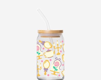 16oz Beauty Princess Libbey Glass with Glass Straw & Bamboo Lid | Magical Princess Iced Coffee Cup | Enchanted Rose Inspired Glassware