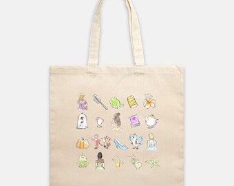 Enchanted Fairytale Princess Tote Bag | Magical Reusable Shopping Bag | Princesses and Sidekicks Sketched Design Tote Bag