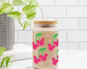 Cherry Magic Libbey Glass with Bamboo Lid & Straw | Magic Mouse Inspired Design | Summer Lemonade or Iced Tea Glass | Coffee Glass