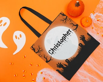 Customized Halloween Canvas Tote Bag: Personalized Spooky Graveyard Fullmoon Pumpkin Bucket, Gravestone Witch Blackcat Bat Trick-or-TreatBag