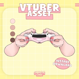 Könnte beinhalten: Ein rosa-weißer Videospiel-Controller, der von zwei Händen gehalten wird, mit dem Text "VTUBER ASSET" und "INSTANT DOWNLOAD". Der Hintergrund ist gelb mit rosa Akzenten und einem Logo "SUNNYPOP STUDIO".