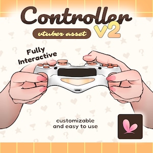 May include: A digital illustration of a white game controller with peach-colored buttons and joysticks. The text reads Controller V2, vtuber asset, Fully Interactive, and customizable and easy to use. A small square icon features pink bunny ears.