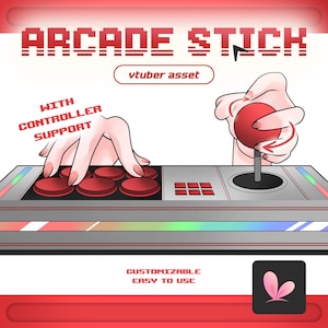 Puede incluir: Una ilustración digital de un mando arcade con botones rojos y una palanca roja. El texto dice ARCADE STICK, ytuber asset, WITH CONTROLLER SUPPORT y CUSTOMIZABLE EASY TO USE. El diseño presenta una barra de luz y un pequeño icono rosa.