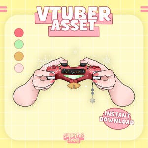 Puede incluir: Ilustración de un mando de videojuegos rojo y negro con adornos navideños, sostenido por dos manos. Se muestran las palabras "VTUBER ASSET" e "INSTANT DOWNLOAD". El fondo es amarillo con detalles rosas y verdes.