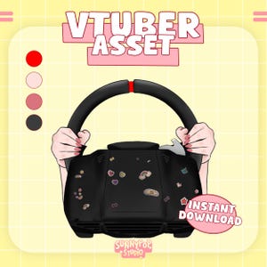 May include: A black VTuber asset, a steering wheel, held by hands with pink nails. The wheel has a red stripe at the top. The asset is decorated with colourful stickers. The words "VTUBER ASSET" and "INSTANT DOWNLOAD" are displayed.