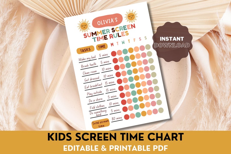 Printable Earning Screen Time Chart, Summer Chore Chart Toddler ...