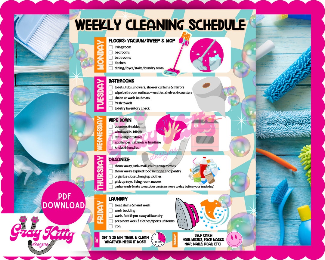 Weekly Cleaning Checklist Printable, Weekly Cleaning List, Digital ...