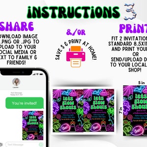 May include: A digital printable invitation for a glow-in-the-dark Halloween party. The invitation features neon green and pink text that says "Let's Glow Ghouls" with a witch's hat, spider web, and ghost graphics. The text also includes the date, time, and location of the party. The invitation is designed to be printed on 8.5x11 inch paper.