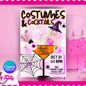 Barbs In A Cocktail Halloween Party Invitation Template, Pink Halloween Party Invite, Printable Spooky Invite, Costumes and Cocktails