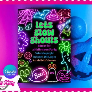 Neon Halloween Party Invitation Template, Halloween Party Invite, Printable Spooky Invite, Let&#39;s Glow Ghouls