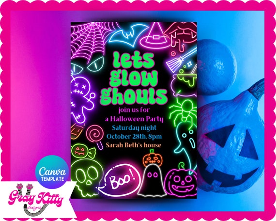 Neon Halloween Party Invitation Template, Halloween Party Invite, Printable Spooky Invite, Let's Glow Ghouls