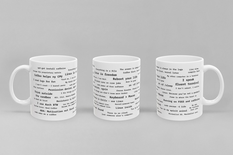 May include: Three white ceramic mugs with black text. Each mug features a different collection of tech-related phrases and quotes. The mugs are displayed on a light gray surface.