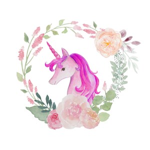 May include: A watercolor painting of a pink unicorn head with a single horn, surrounded by a wreath of pink and white flowers and green leaves.