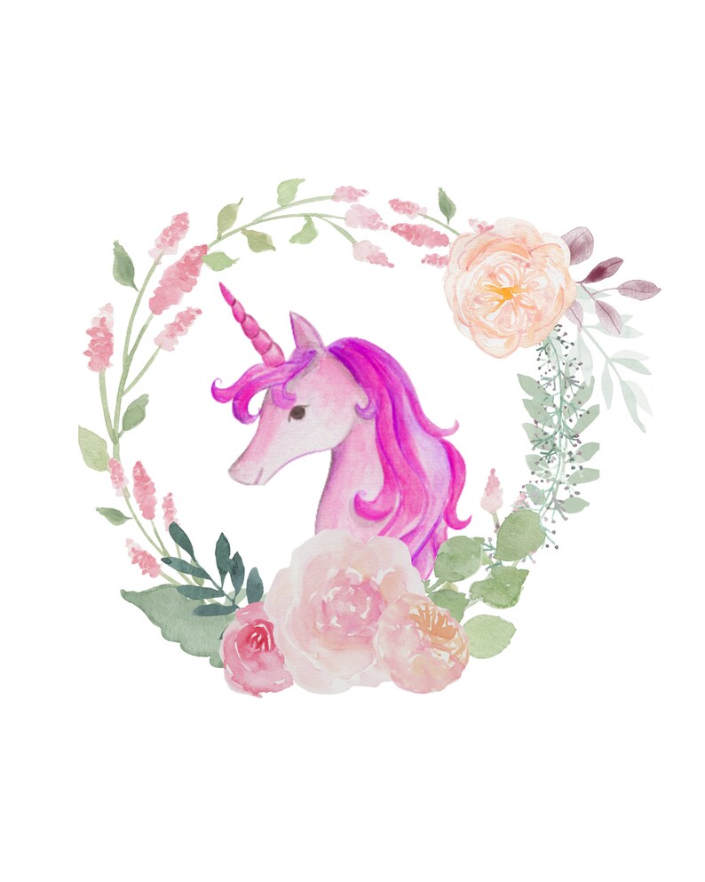 May include: A watercolor painting of a pink unicorn head with a single horn, surrounded by a wreath of pink and white flowers and green leaves.