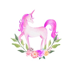 May include: A pink unicorn with a flowing mane and tail stands on a bed of green leaves and pink, purple, and yellow flowers.