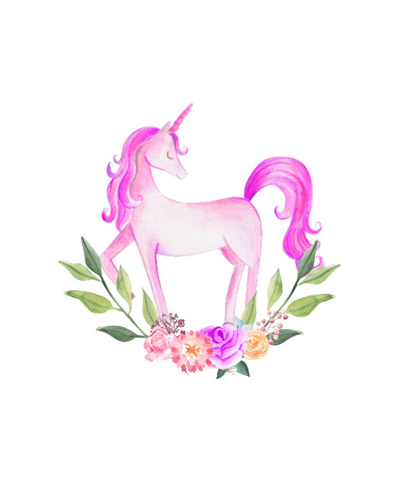 May include: A pink unicorn with a flowing mane and tail stands on a bed of green leaves and pink, purple, and yellow flowers.