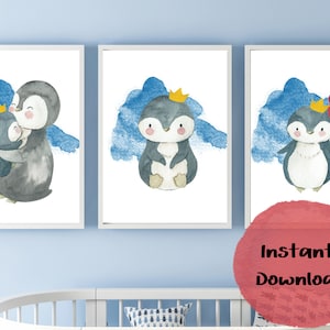 Baby Penguin Prince. Adorable baby penguin with adorable crown. Cute hugging with parent. Decorate your little boy&#39;s room with this bundle.