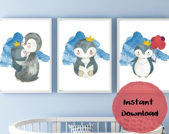 Baby Penguin Prince. Adorable baby penguin with adorable crown. Cute hugging with parent. Decorate your little boy's room with this bundle.