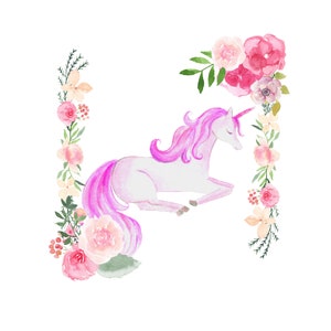 May include: A watercolor painting of a white unicorn with a pink mane and tail, lying down. The unicorn is surrounded by pink, white, and peach flowers.