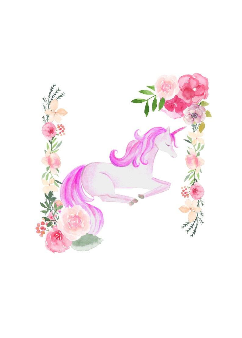 May include: A watercolor painting of a white unicorn with a pink mane and tail, lying down. The unicorn is surrounded by pink, white, and peach flowers.