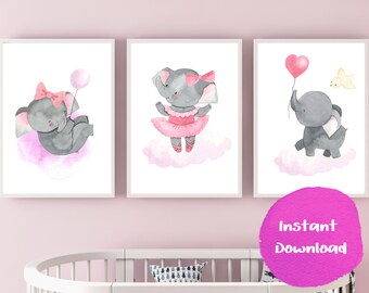 Adorable Happy Baby Elephant In Pink Dress. Enjoy printable digital art bundle of this precious baby elephant playing and prancing around.