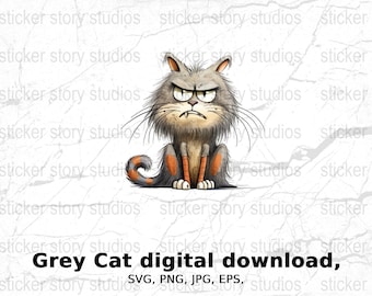 Grumpy Grey Cat Illustration: Funny Animal Art (Digital Download)
