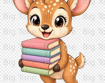 Niedliches Reh mit Büchern, Digital Art, Kawaii Reh mit Buchliebhaber Clipart, Waldlesetier PNG, Cozy Reader Grafik