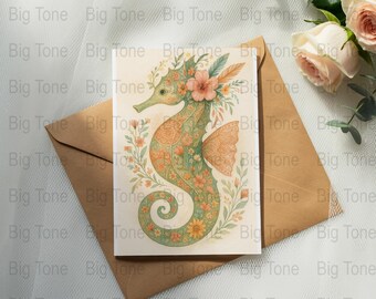 Arte digital floral de caballito de mar, arte mural imprimible en acuarela, decoración bohemia hippie, decoración costera, arte infantil, ilustraciones de animales marinos