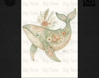 Lámina floral de ballena: Arte bohemio para guardería, decoración costera (descarga digital)