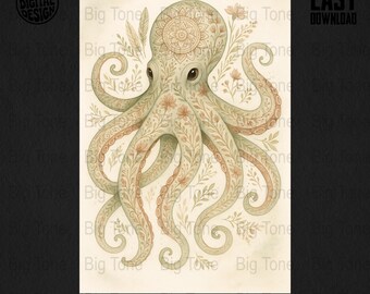 Impresión de mandala de pulpo floral: arte marino botánico bohemio (descarga digital)