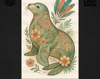 Impresión floral de león marino: Arte animal bohemio en acuarela (descarga digital)