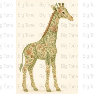 Floral Giraffe Digital Art, Botanical Giraffe Illustration, Giraffe with Flowers, Nursery Art Print, Pastel Giraffe, Wall Decor, Digital