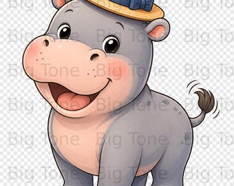 Niedliche Nilpferd Clipart Digital Download - Entzückende Baby Tier Illustration mit Hut für Kinderzimmer Dekor, Kinder Handwerk, Baby-Dusche-Einladungen