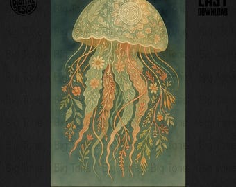 Lámina artística de medusas florales: decoración de pared con criaturas marinas botánicas (descarga digital)