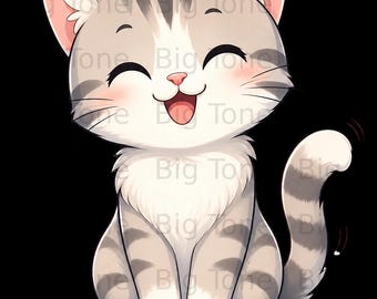 Glückliche niedliche Katze Digital Art PNG Kawaii lächelnde Kätzchen Grafik, Katzenliebhaber Geschenk, entzückende Haustier Illustration Digitale Datei