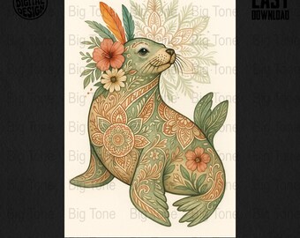 Impresión artística de sello floral: Corona de flores bohemia con animales (descarga digital)